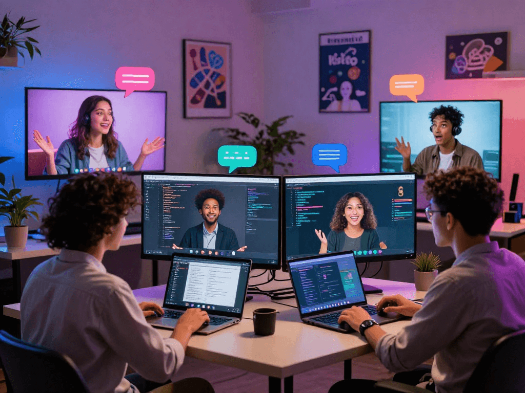 Dynamic ai porn chat interaction in a lively tech workspace, showcasing diverse individuals engaging with vibrant avatars and chat interfaces.