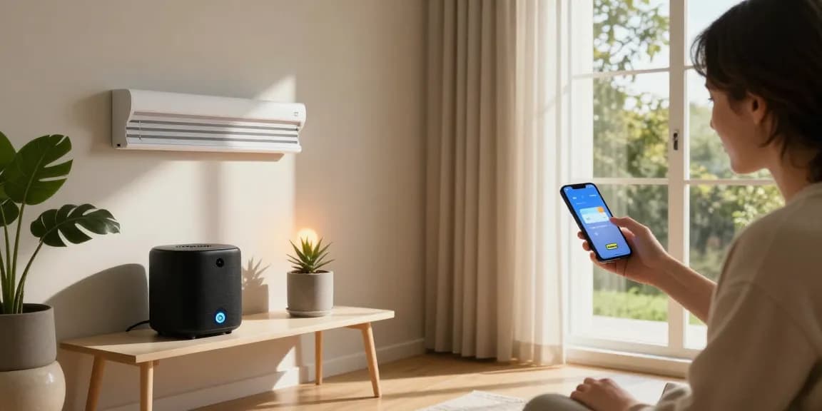 IKEA smart home devices enhance modern living room with smart lighting and automated blinds for an inviting ambiance.