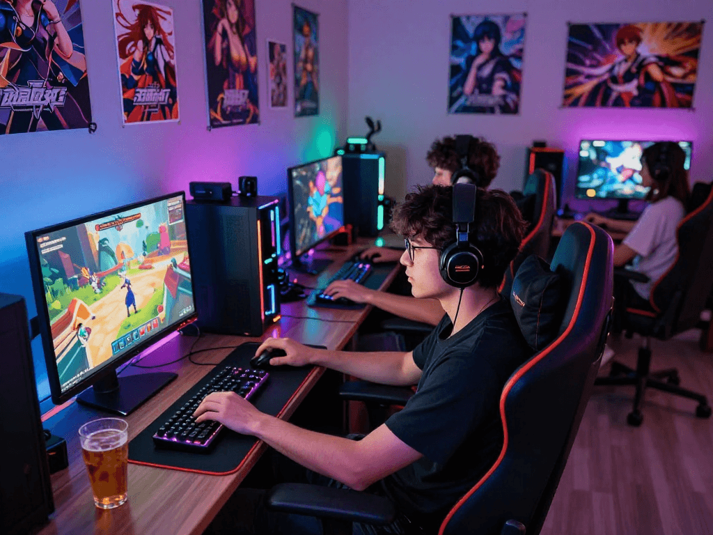 Engaging player enjoying a hentai game in a vibrant gaming room with animated graphics and RGB lighting.