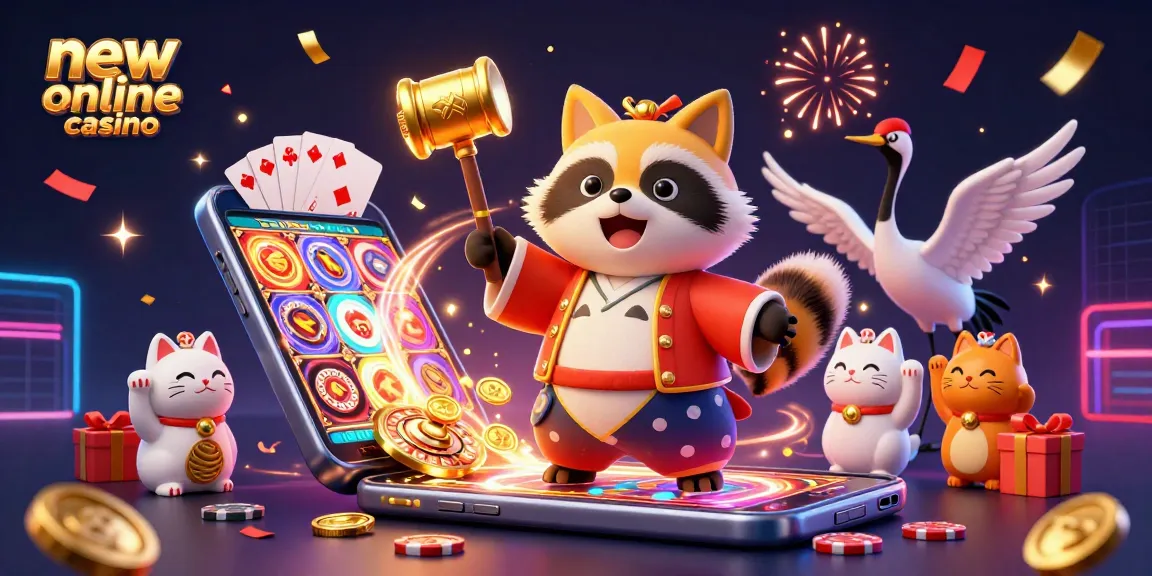 Play exciting games at new online casinos with a dynamic 3D illustration featuring cheerful characters and casino elements.
