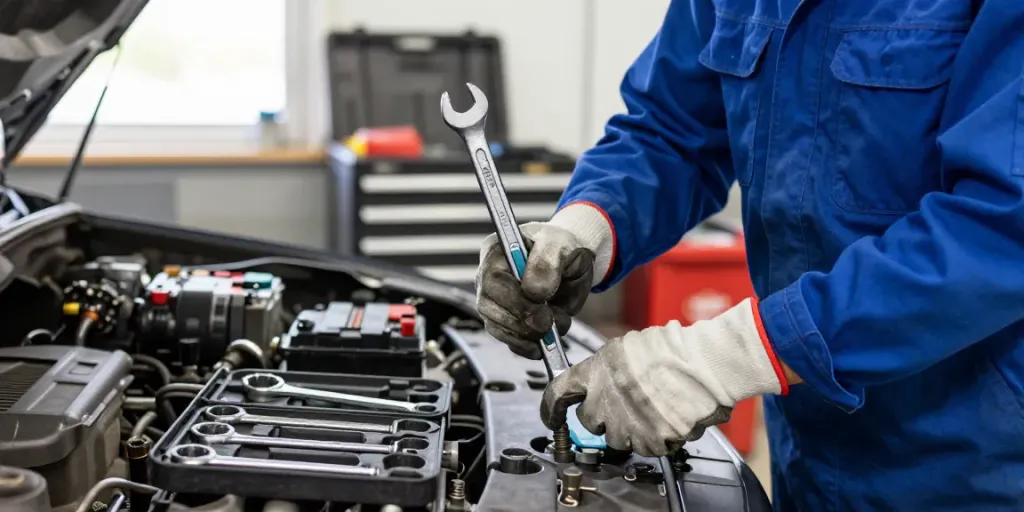 Mechanic using USAG 285X combination wrenches in an automotive workshop.