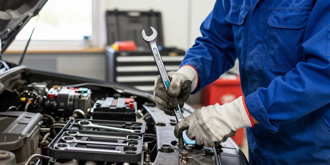 Mechanic using USAG 285X combination wrenches in an automotive workshop.