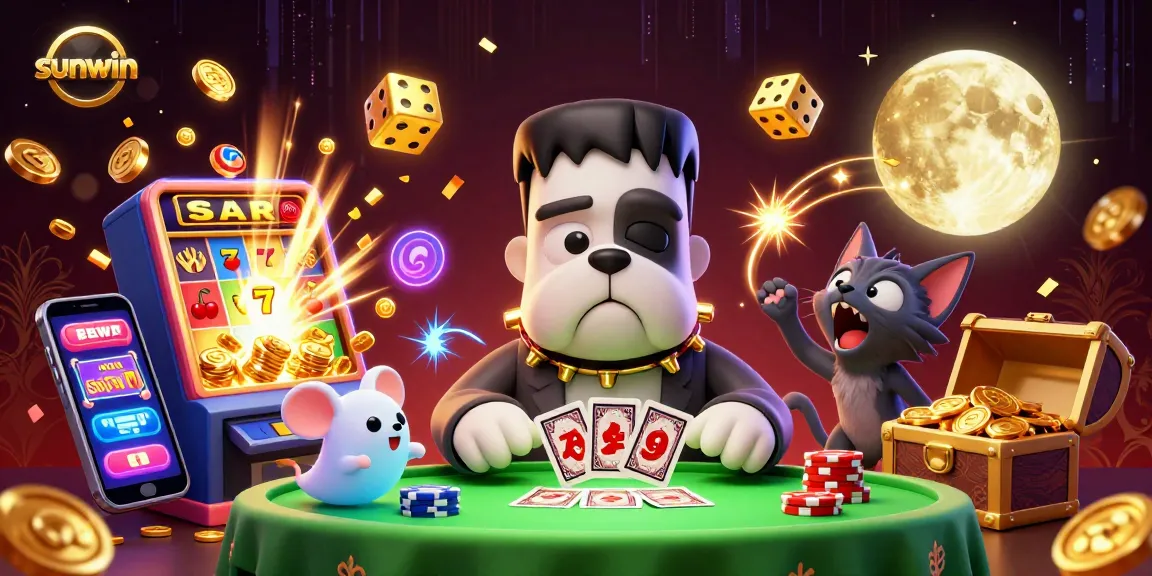 Watch the sunwin bulldog dealer at a lively casino card table with vibrant, dynamic elements.