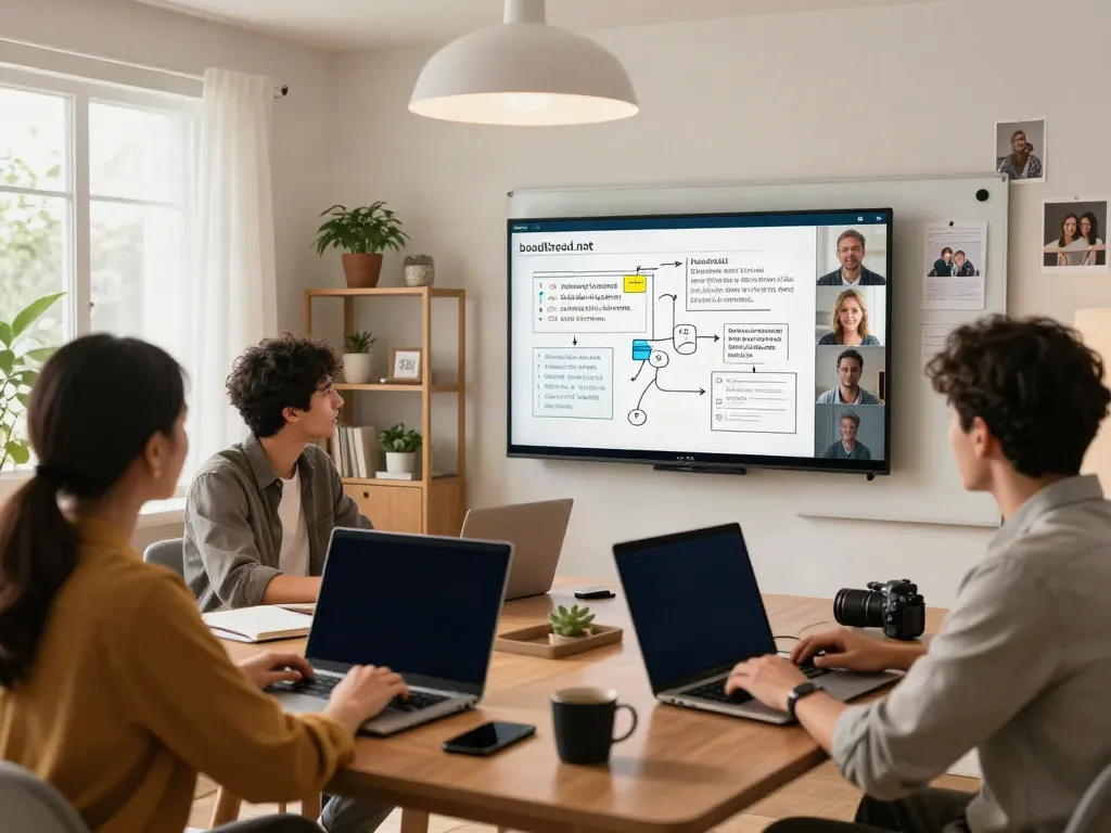 Engaged professionals in a virtual meeting on boardthread.net, showcasing remote teamwork.