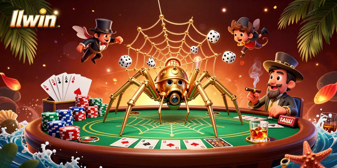 Experience the thrill at llwin with a dynamic 3D casino scene featuring a golden spider and poker elements.