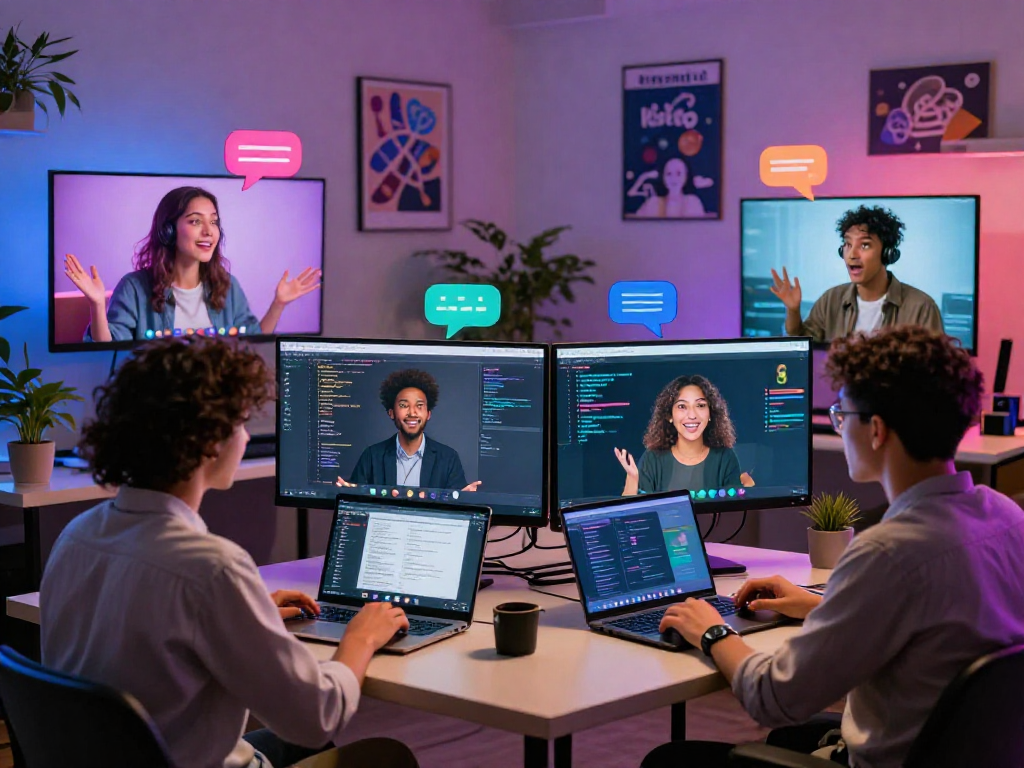 Dynamic ai porn chat interaction in a lively tech workspace, showcasing diverse individuals engaging with vibrant avatars and chat interfaces.