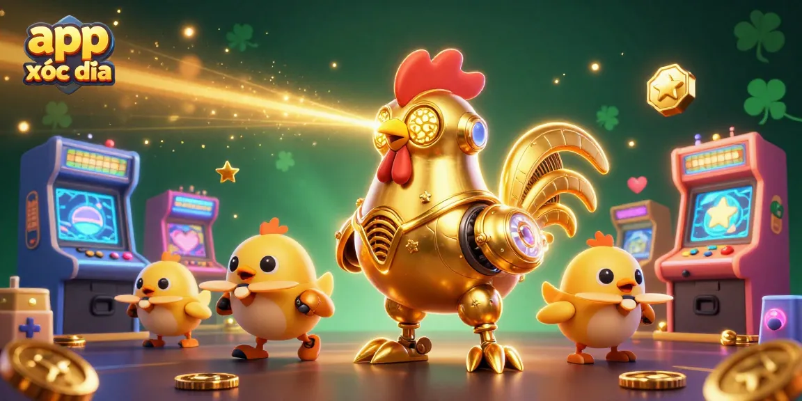 App xóc đĩa showcases a fun 3D casino scene featuring a golden rooster robot and baby chick drones.