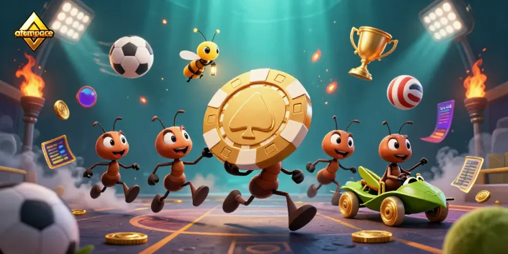 See the atompace team of ants transporting a giant poker chip in a vibrant gambling scene.