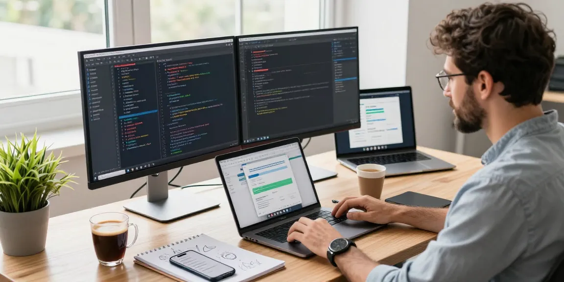 Developer coding with WhatsApp下載 on a modern desk, showcasing a vibrant tech workspace.