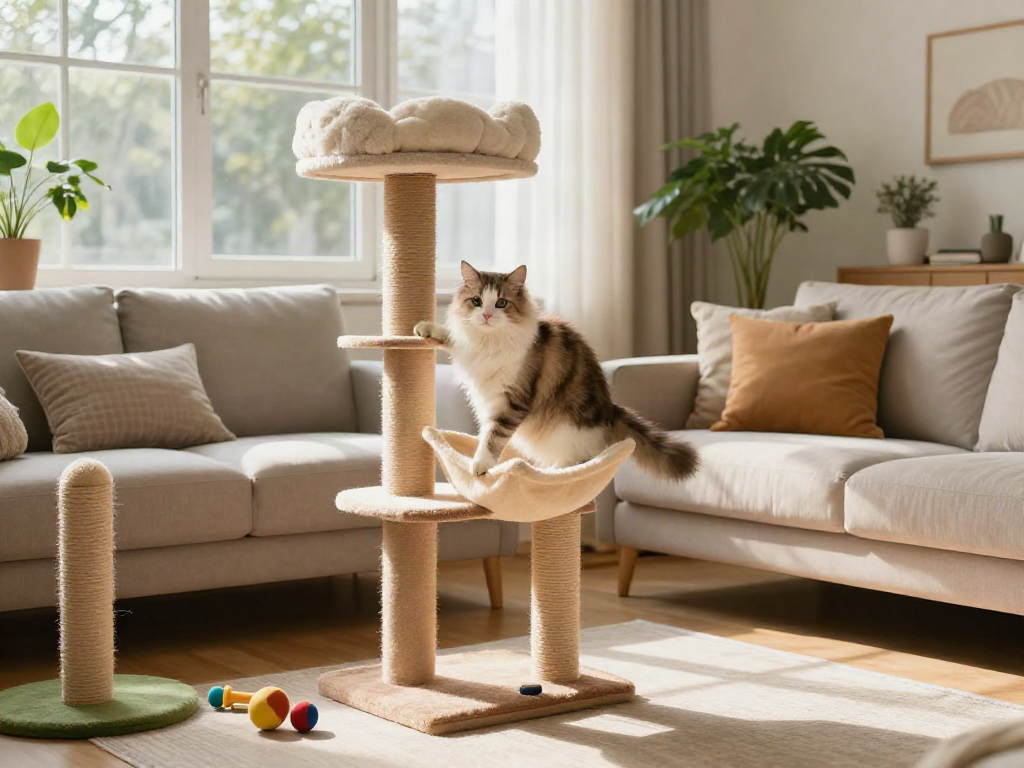 Fluffy cat playing on a stylish cat tree in a sunlit living room.