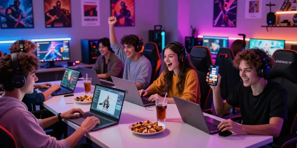 Online gaming experience on DEBET platform with friends enjoying diverse games.
