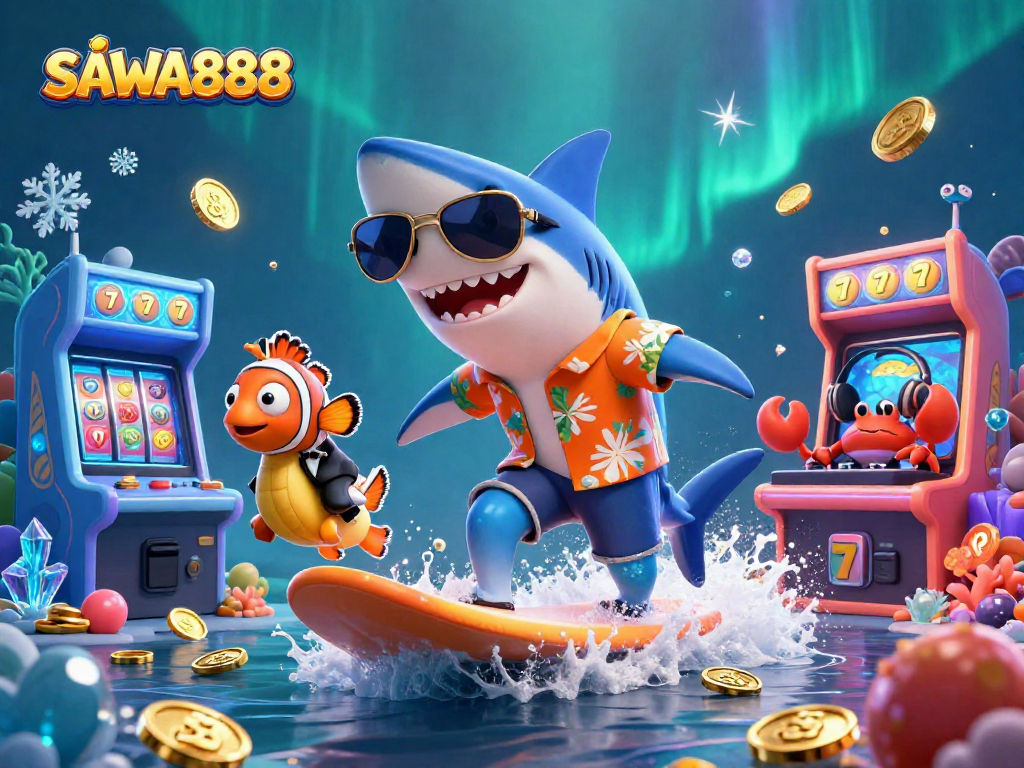 Engage with SAWA888's entertaining environment, featuring cartoon characters in a vibrant casino setting.