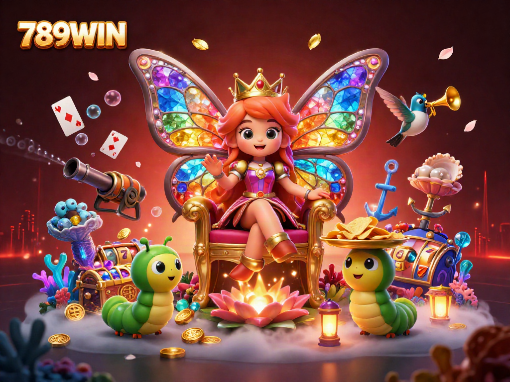 Engage in exciting gameplay with 789WIN's enchanting butterfly queen surrounded by vibrant casino elements.