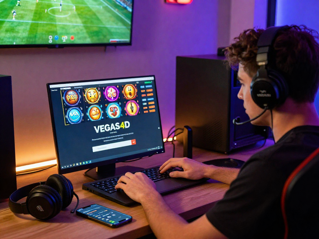 Dynamic VEGAS4D online gaming experience highlighting login for slots and football matches.