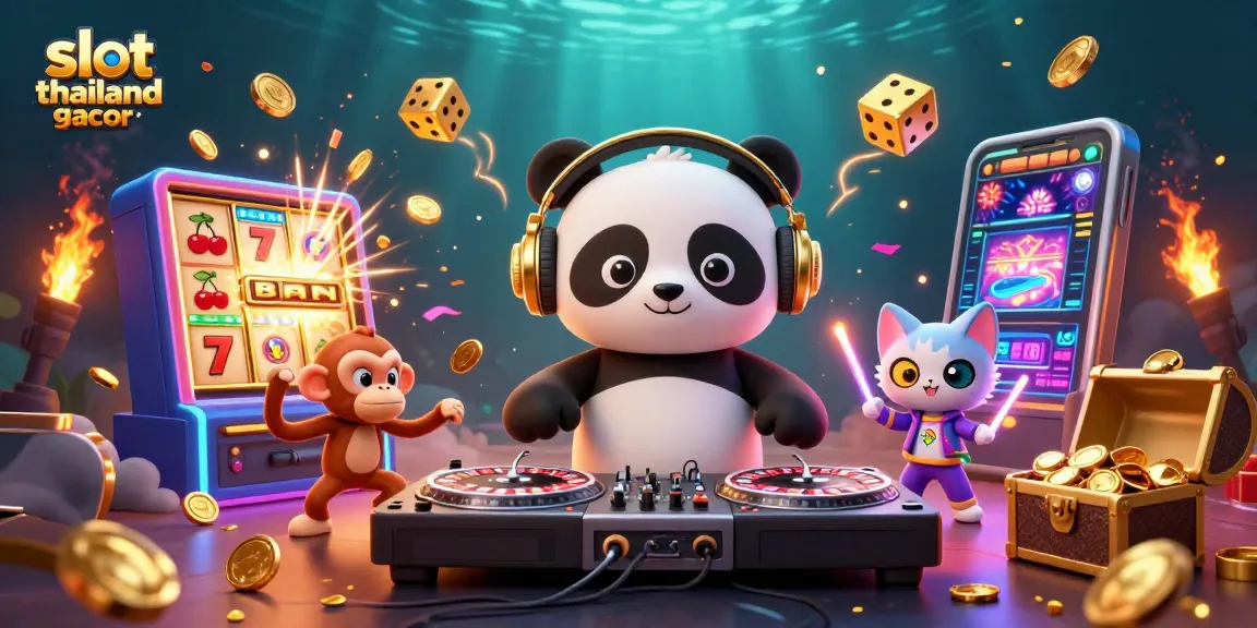 Engage with slot thailand gacor as the vibrant scene showcases a DJ panda, dancing monkey, and glowing kitten amidst jackpot excitement.