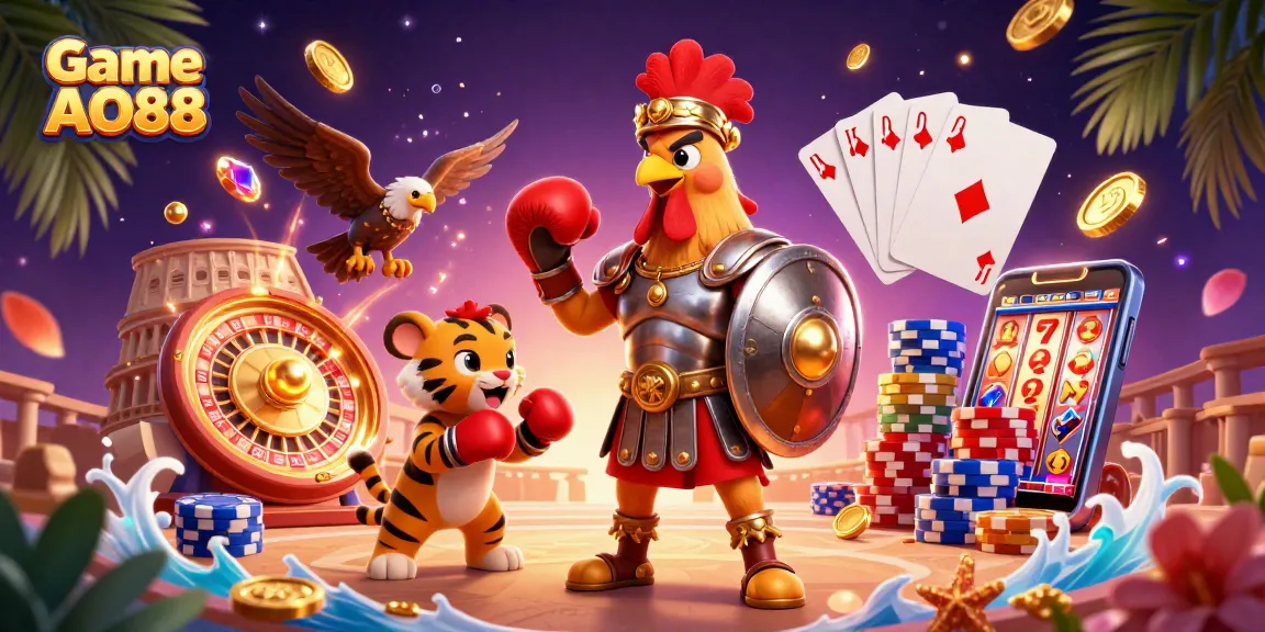 Experience the excitement of Game AO88 with dazzling coins, a gladiator rooster, and gaming elements in action.