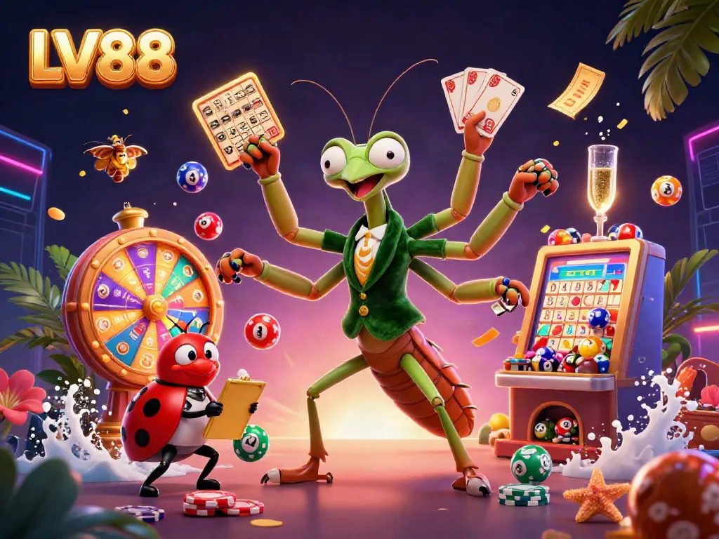 Experience the thrill of LV88 with a giant praying mantis card sharp and vibrant lottery elements in this captivating illustration.