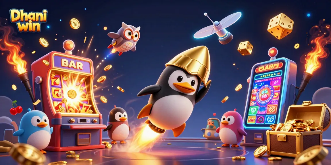 Experience excitement with Dhani win as a golden penguin zooms through space towards a casino station.