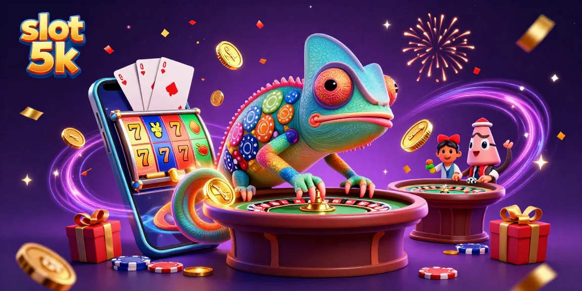 Play engaging slot 5k games with vibrant chameleon character and golden coins bursting from a smartphone.