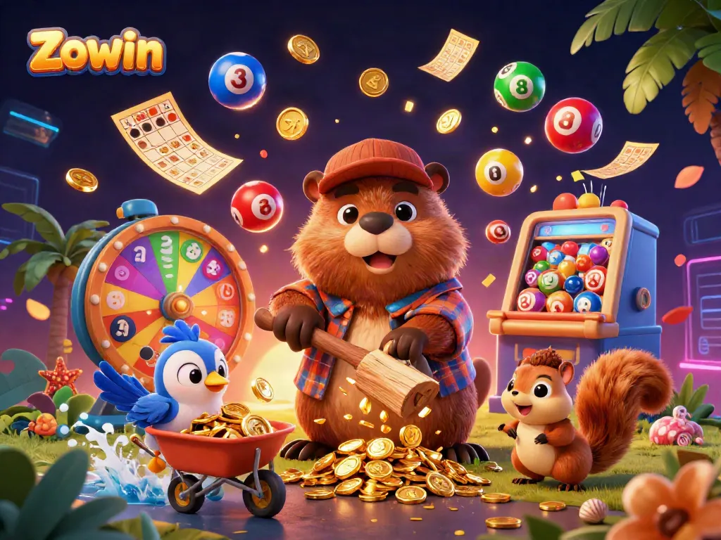 Zowin brings excitement as a beaver collects gold coins in a dynamic casino illustration