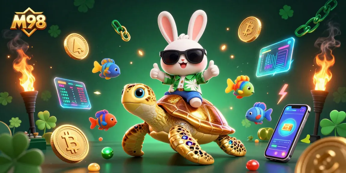 Win big with M98 at this vibrant 3D digital illustration showcasing fun casino elements.