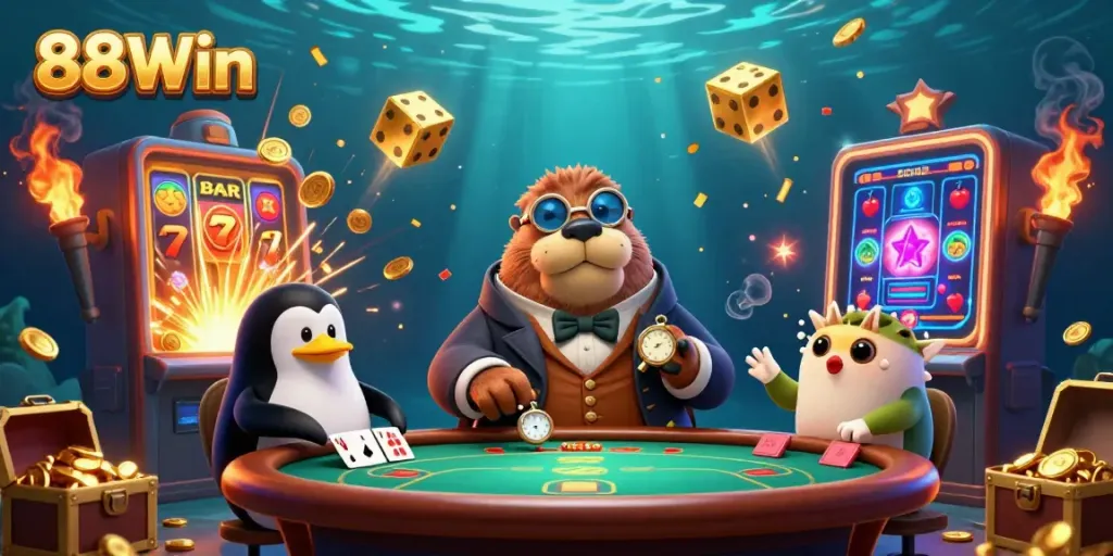 Experience thrilling wins with 88Win at an underwater poker table featuring 3D characters and vibrant casino elements.