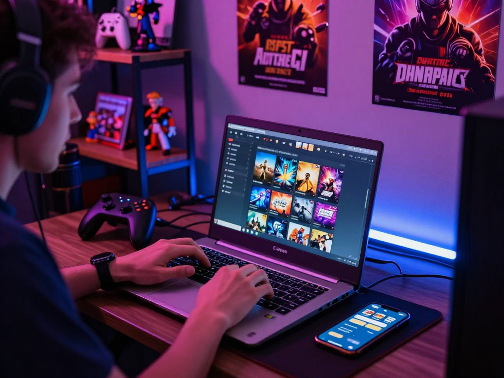 Engaging player immersed in an adult game, vibrant neon gaming setup.