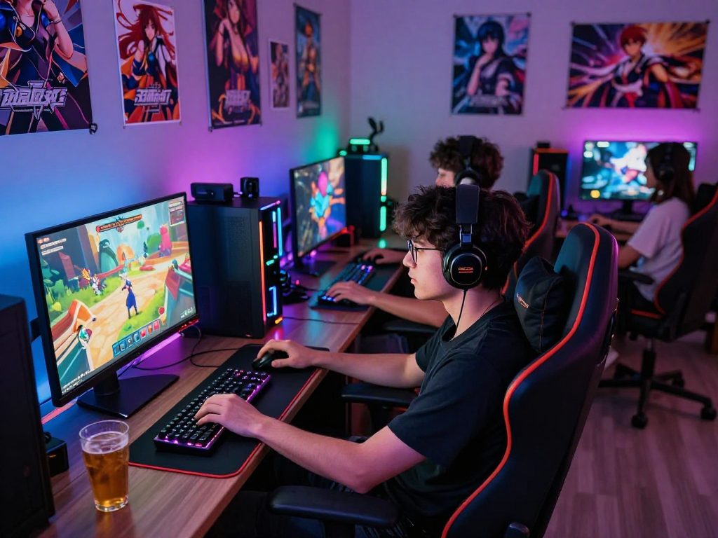 Engaging player enjoying a hentai game in a vibrant gaming room with animated graphics and RGB lighting.