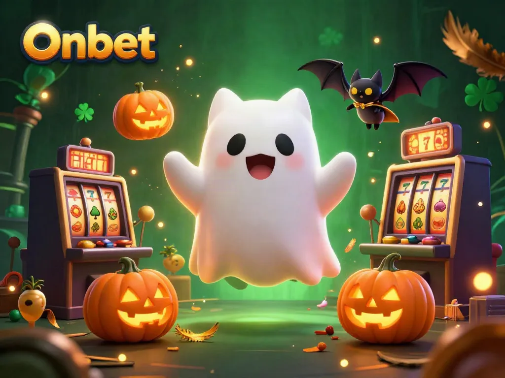 Onbet casino scene features a friendly ghost cat and vampire bat amidst vibrant casino elements.