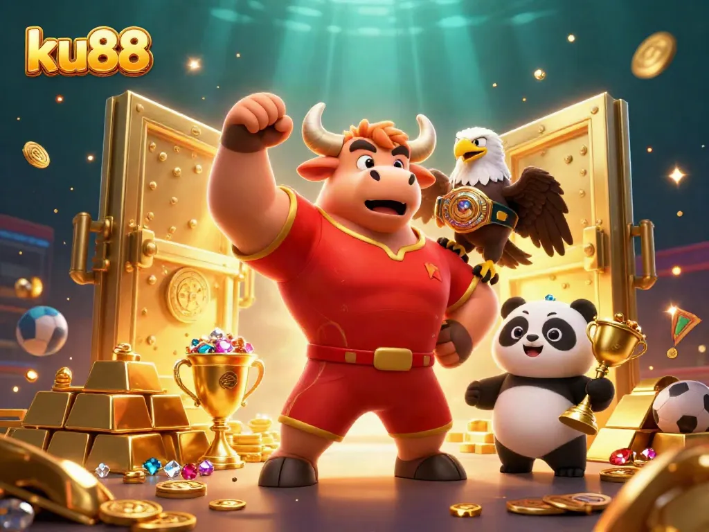 Experience the thrill of betting at ku88 with a dynamic casino scene featuring winning mascots and rich treasures.