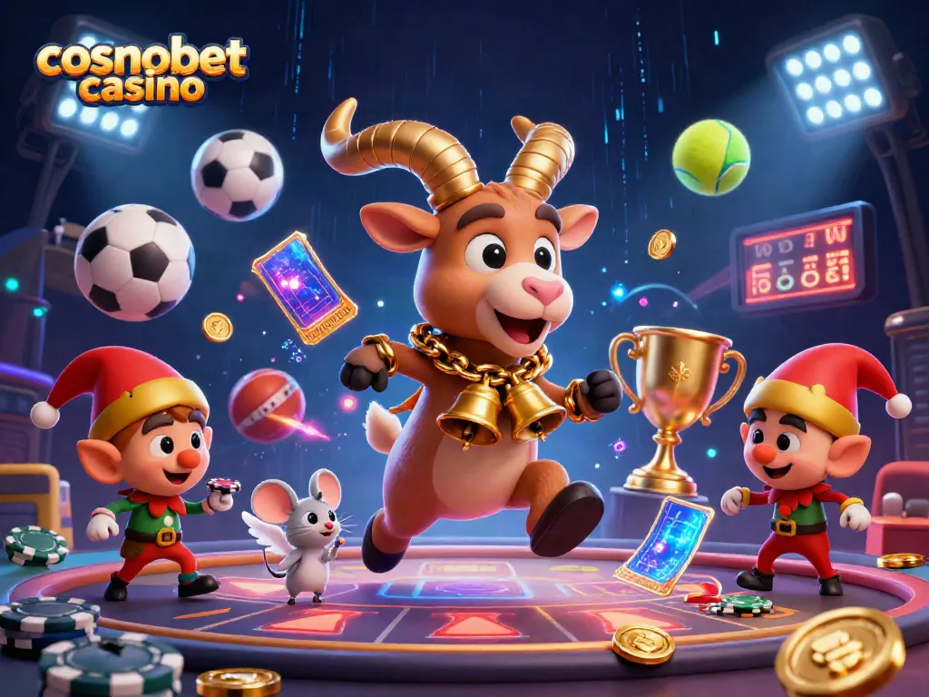 Experience thrilling moments at cosmobet casino with festive characters in a chaotic gaming scene.