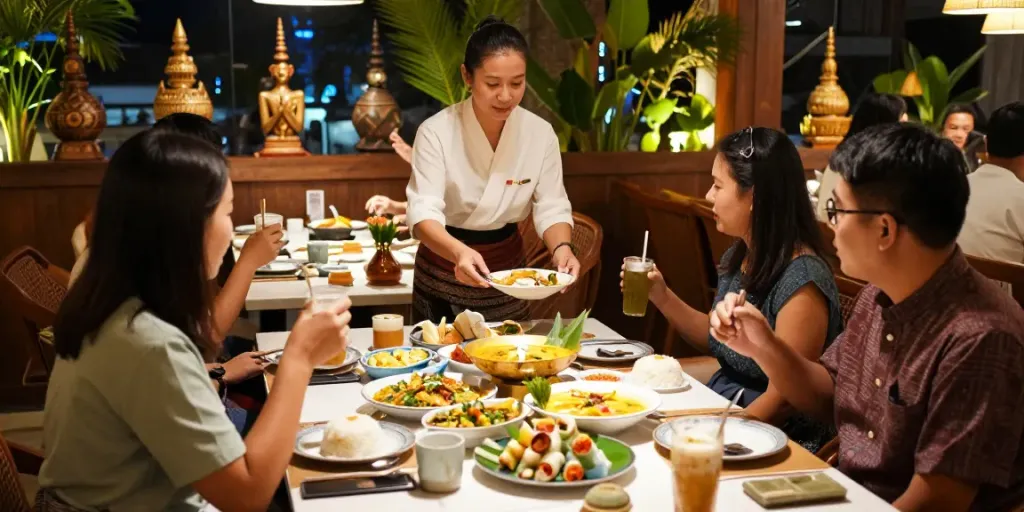 Diners enjoying authentic Thai cuisine at kinalyrestaurant.com, vibrant atmosphere with traditional decor.
