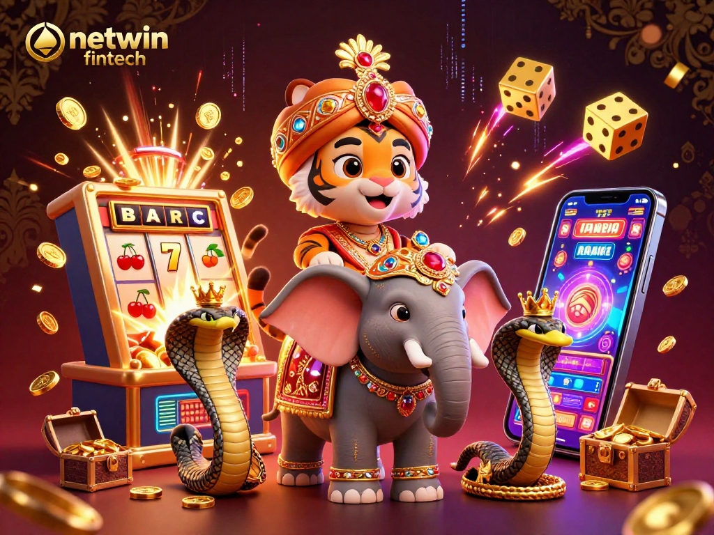 Experience the excitement of netwin fintech with a vibrant 3D casino scene featuring dynamic characters and rich decorative elements.