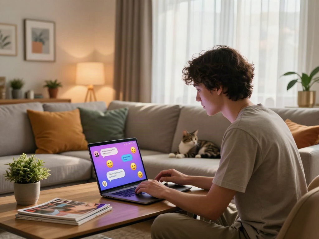 Engaging in an ai sex chat on a laptop in a cozy living room with a vibrant atmosphere.