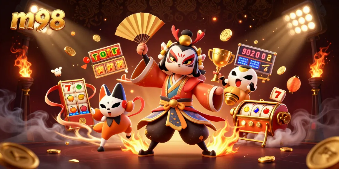 Experience m98 with engaging 3D slots and animated kabuki characters in this vibrant illustration.