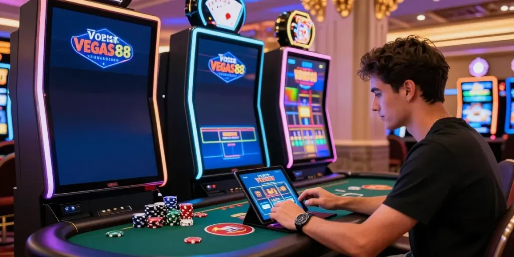 Player enjoying games on Vegas88 at a vibrant online casino setup.