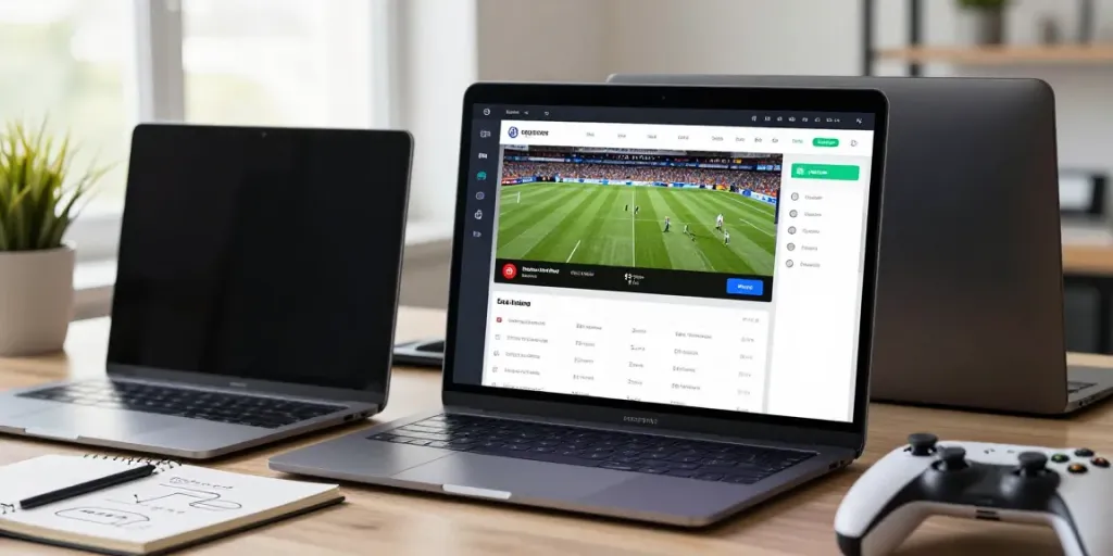 Engaging DewaGG sports betting interface on a laptop in a stylish home office setting.