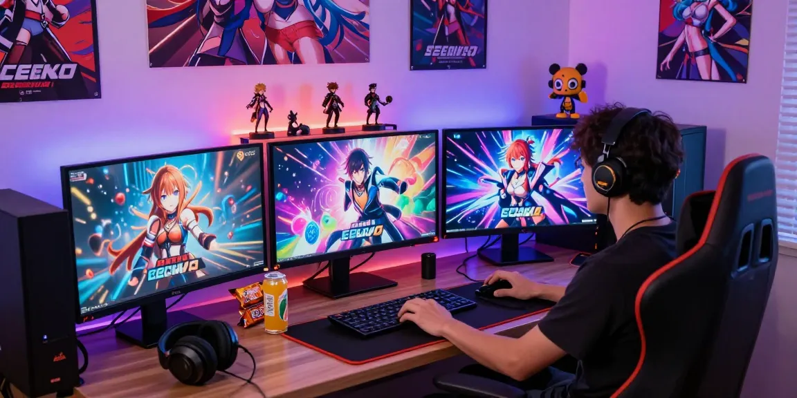 Engaging gaming scene with a player immersed in ecchi games, surrounded by vibrant graphics and gaming decor.