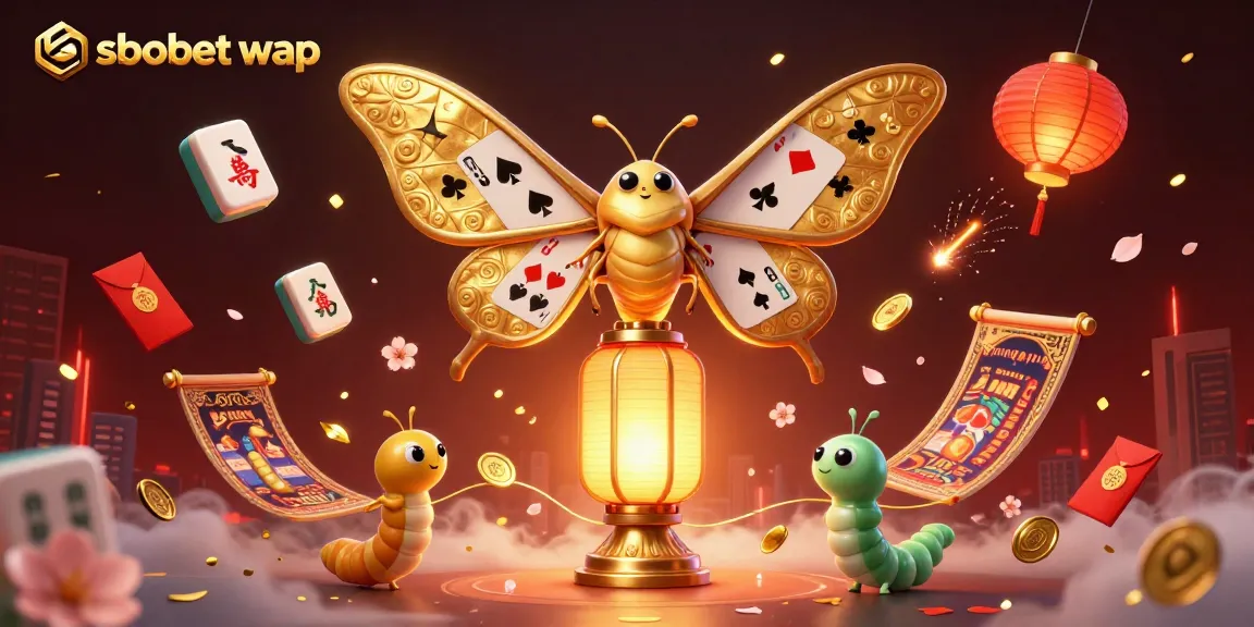 Experience thrilling sbobet wap action featuring an elegant atlas moth with casino-themed backdrops and vibrant game elements.