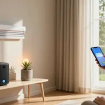 IKEA smart home devices enhance modern living room with smart lighting and automated blinds for an inviting ambiance.