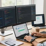 Developer coding with WhatsApp下載 on a modern desk, showcasing a vibrant tech workspace.